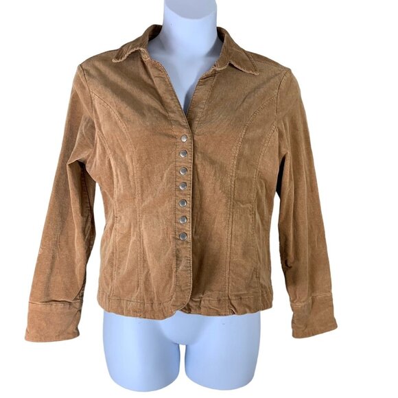 AMI Size Large Corduroy Shirt Brown Snap Up Pockets Stretch Womens Blouse - Picture 1 of 4